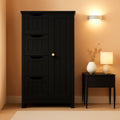 Stowena black bathroom floor cabinet with 4 drawers and cupboard beside a side table