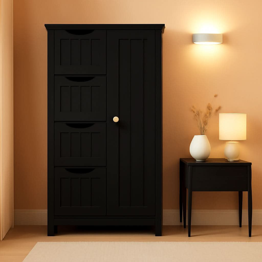 Stowena black bathroom floor cabinet with 4 drawers and cupboard beside a side table