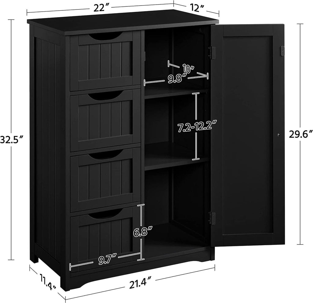 Dimension diagram: 22 x 12 x 32.5 in, adjustable shelf 7.2 to 12.2 in, drawer sizes