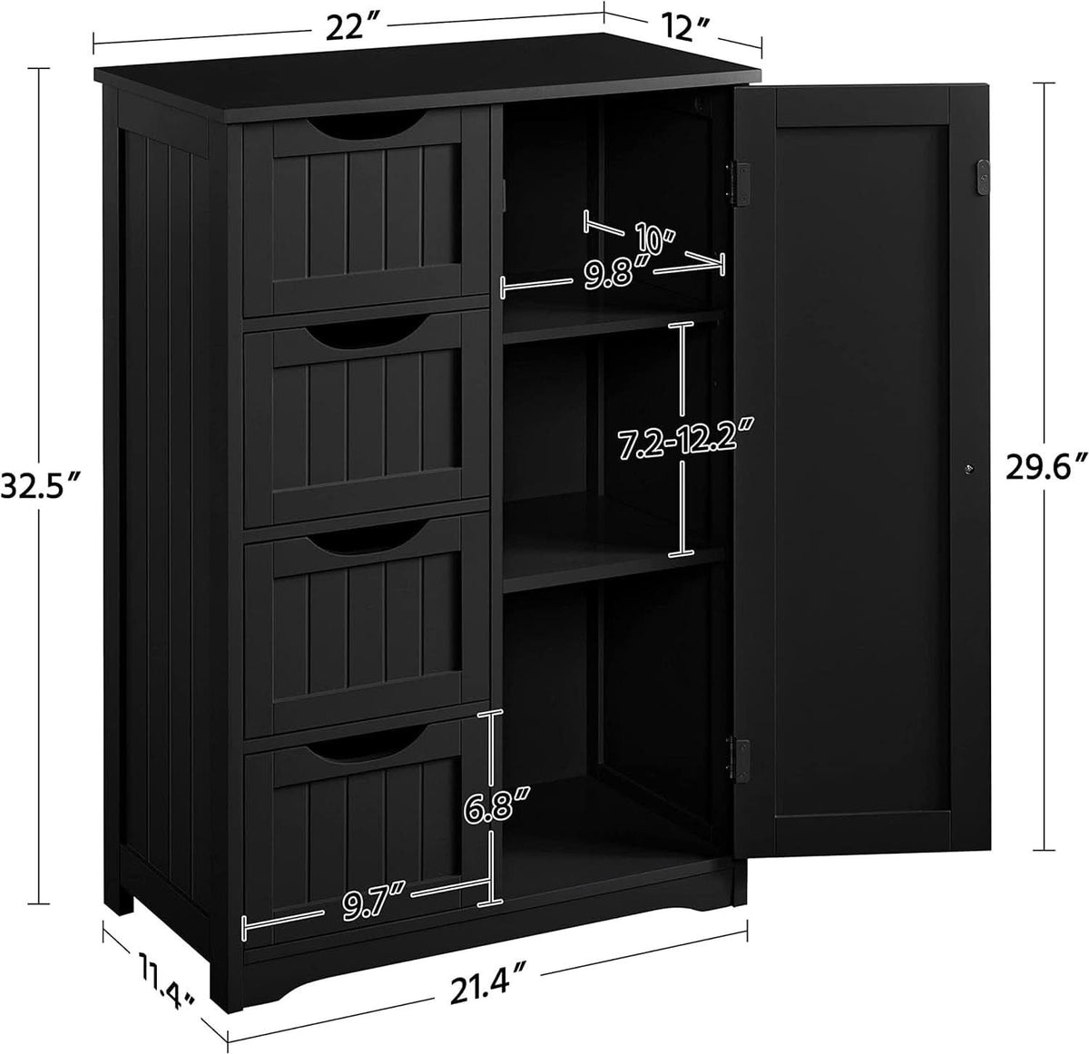 Dimension diagram: 22 x 12 x 32.5 in, adjustable shelf 7.2 to 12.2 in, drawer sizes