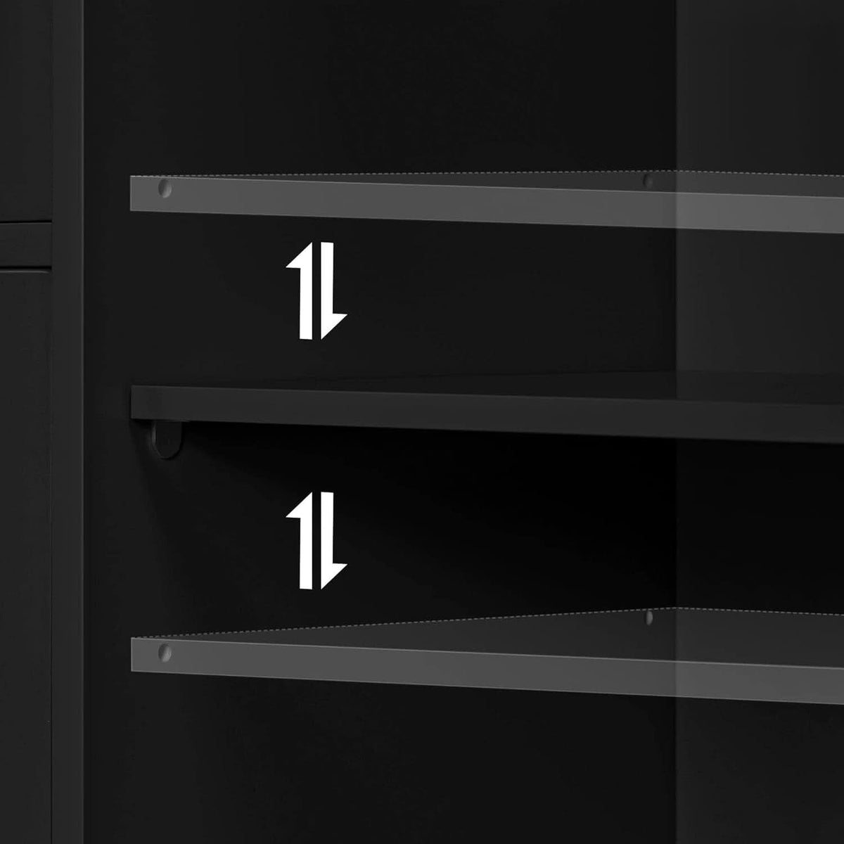 Adjustable shelf pins inside the cupboard of the black cabinet