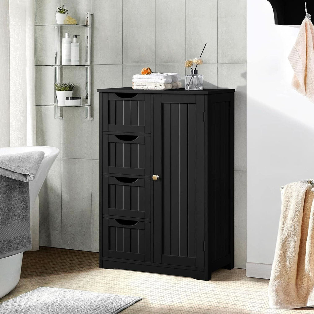 Black beadboard cabinet in a bathroom beside a shower shelf