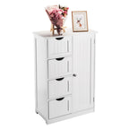 White beadboard bathroom floor cabinet with 4 drawers and cupboard, styled hero
