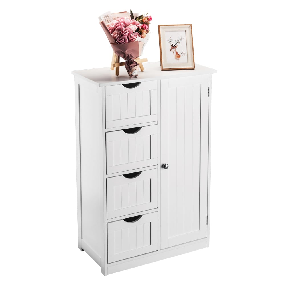 White beadboard bathroom floor cabinet with 4 drawers and cupboard, styled hero