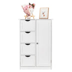 Front view of the white bathroom cabinet with flowers on top