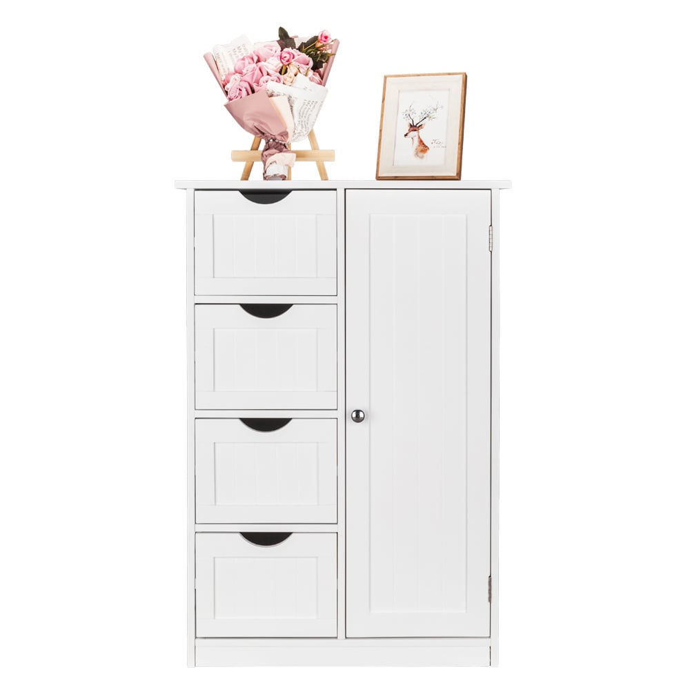 Front view of the white bathroom cabinet with flowers on top