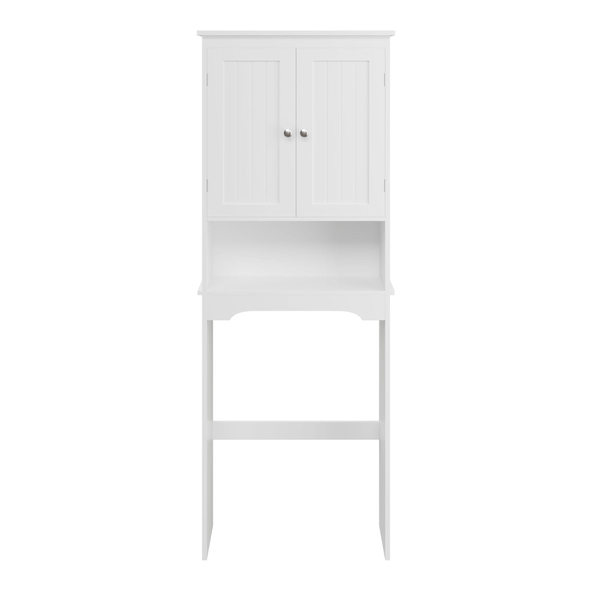 White over the toilet storage cabinet with beadboard doors, front view