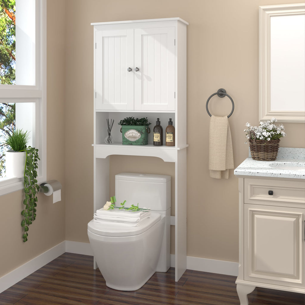 Cabinet bridging a toilet in a beige bathroom