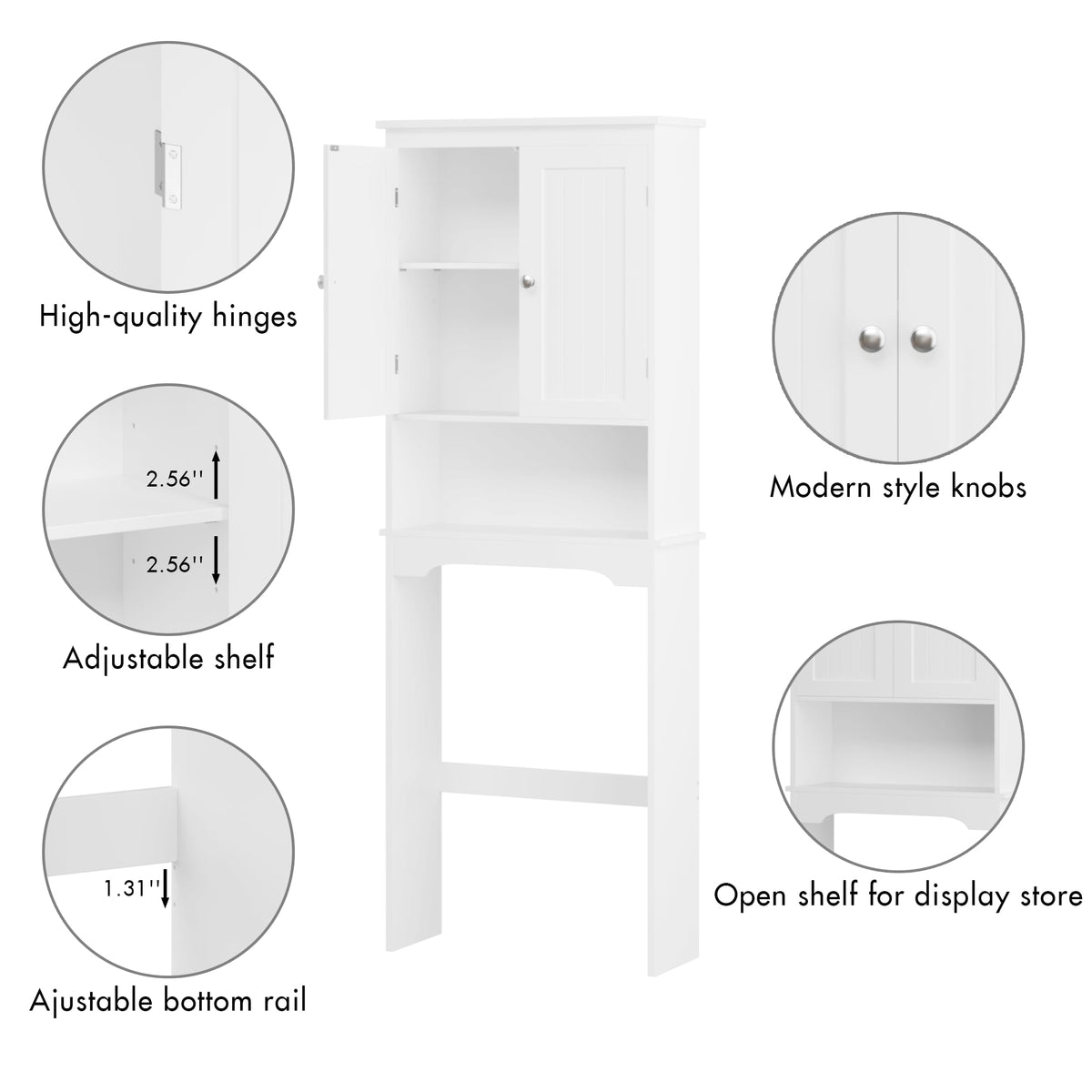 Feature callouts, hinges, knobs, adjustable shelf and bottom rail