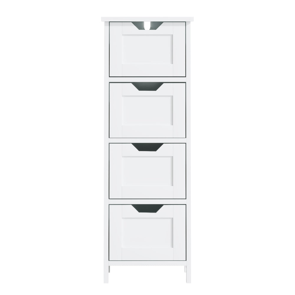 Slim white 4 drawer bathroom storage tower, front view