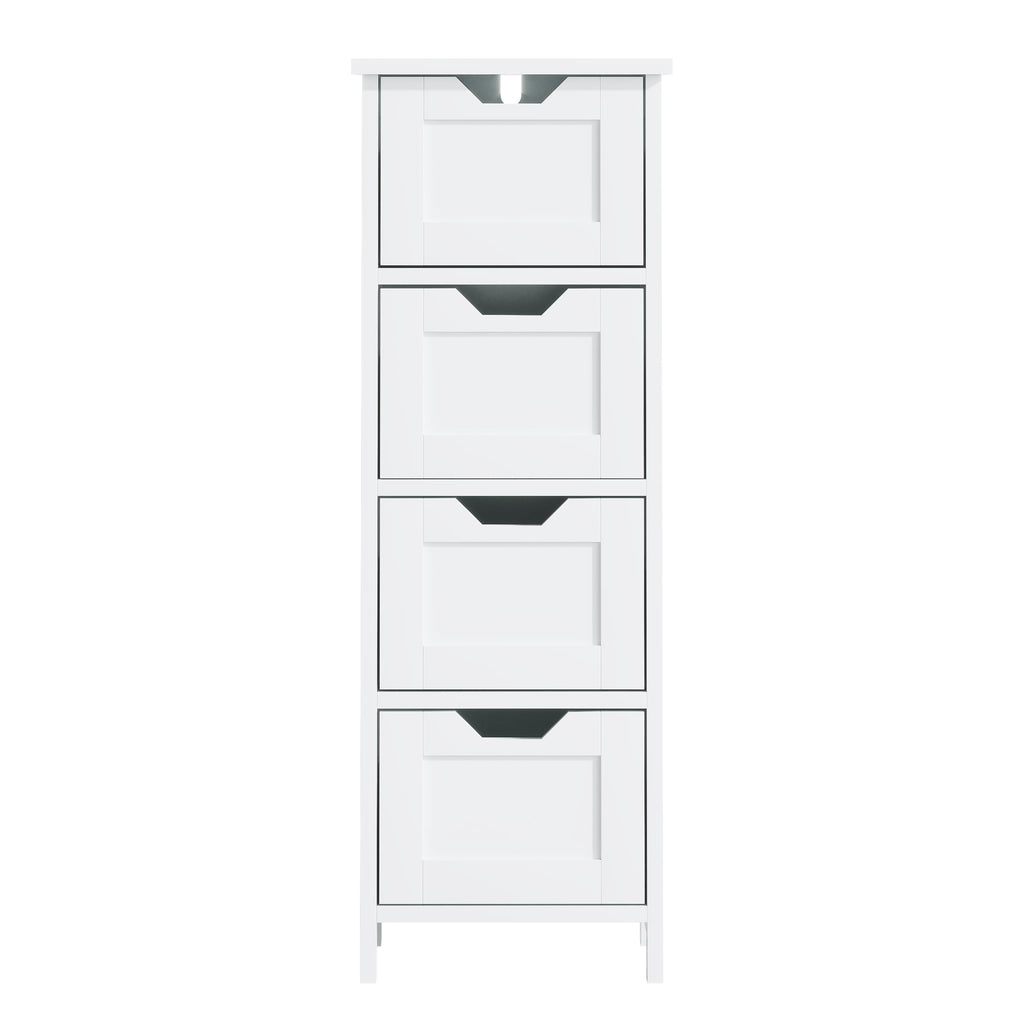 Slim white 4 drawer bathroom storage tower, front view
