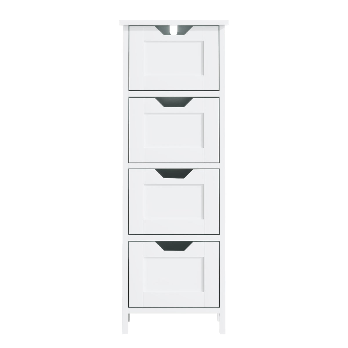 Slim white 4 drawer bathroom storage tower, front view