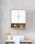 Fluted bathroom wall cabinet in white and natural mounted above a vanity sink