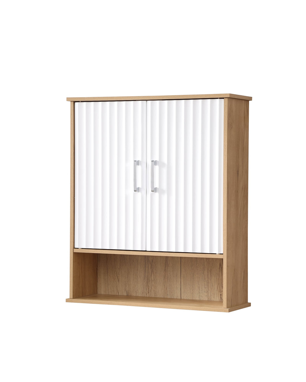 Angled view of the fluted double door wall cabinet with open lower shelf