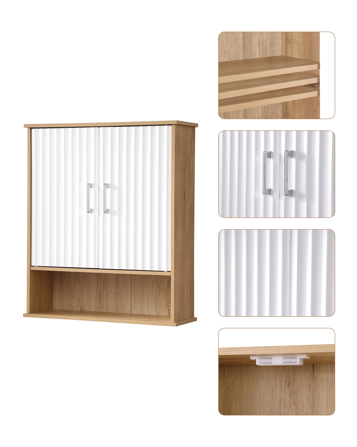White fluted wall cabinet render with shelf, handle and fluting detail close ups