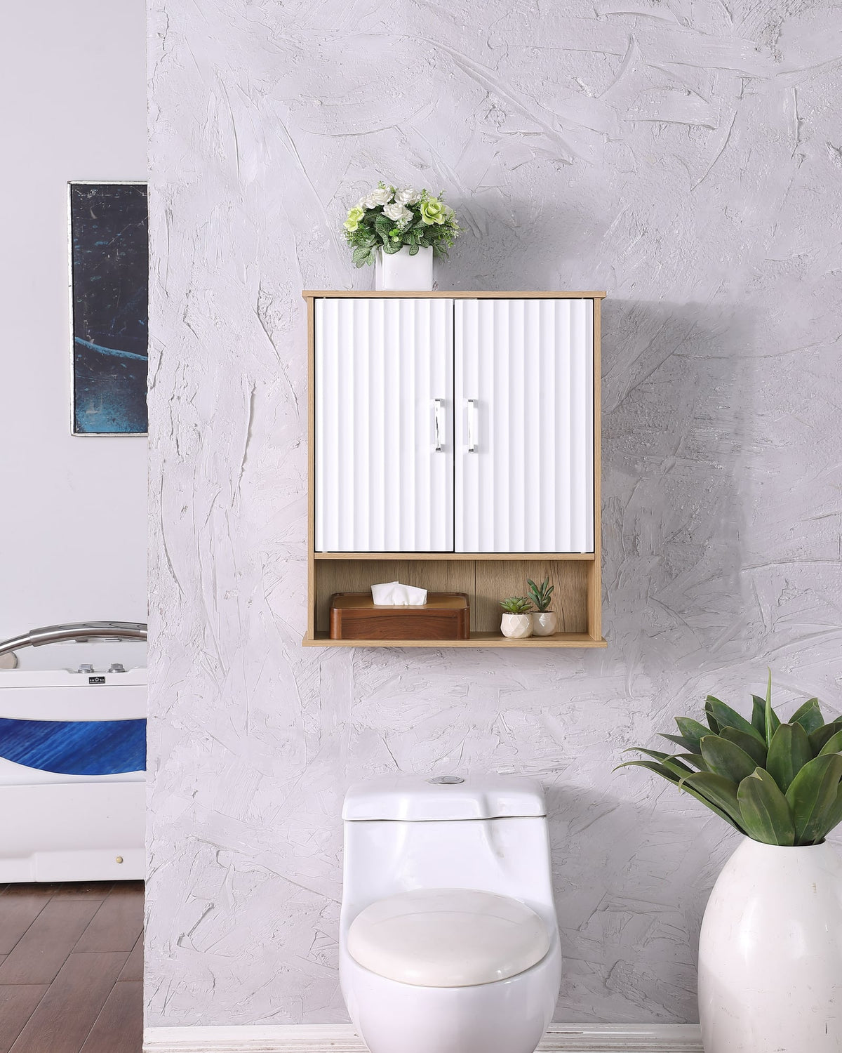 Fluted wall cabinet hung above a toilet with decor on the open shelf