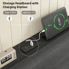 Close view of the headboard shelf hub with two USB ports and one Type C port