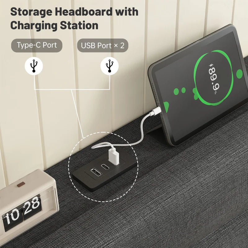 Close view of the headboard shelf hub with two USB ports and one Type C port