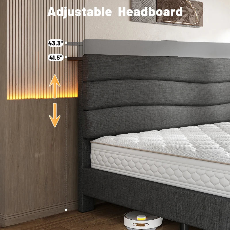 The headboard shown adjusting between its 41.5 and 43.3 inch heights