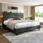 Angled view of the grey full bed frame in a bright bedroom