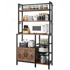 Rustic brown and black 6-tier bakers rack with cabinet, microwave and kitchen items on the shelves, white background