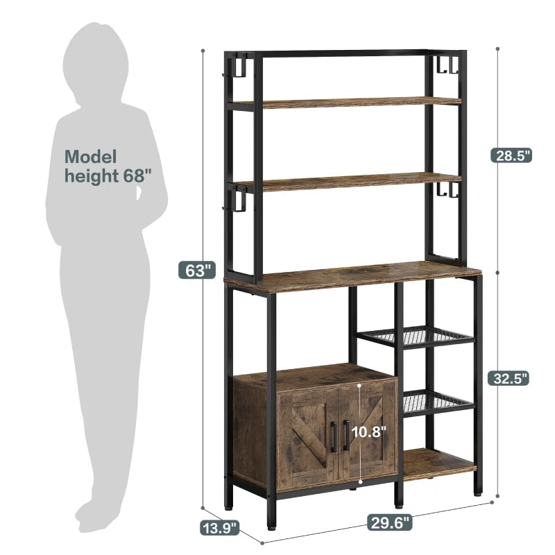 Dimension diagram: bakers rack 63 in high, 29.6 in wide, 13.9 in deep, cabinet opening 10.8 in high