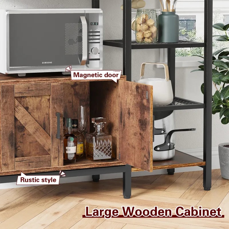 Bakers rack cabinet with magnetic door open, pots and jars inside, rustic wood finish