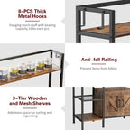 Bakers rack detail: 8 metal hooks, anti-fall rail on a shelf, wood and mesh shelves with cabinet