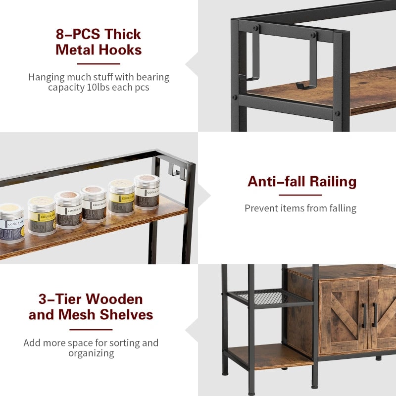 Bakers rack detail: 8 metal hooks, anti-fall rail on a shelf, wood and mesh shelves with cabinet