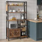 Bakers rack with cabinet in a kitchen holding a microwave, coffee maker, and jars