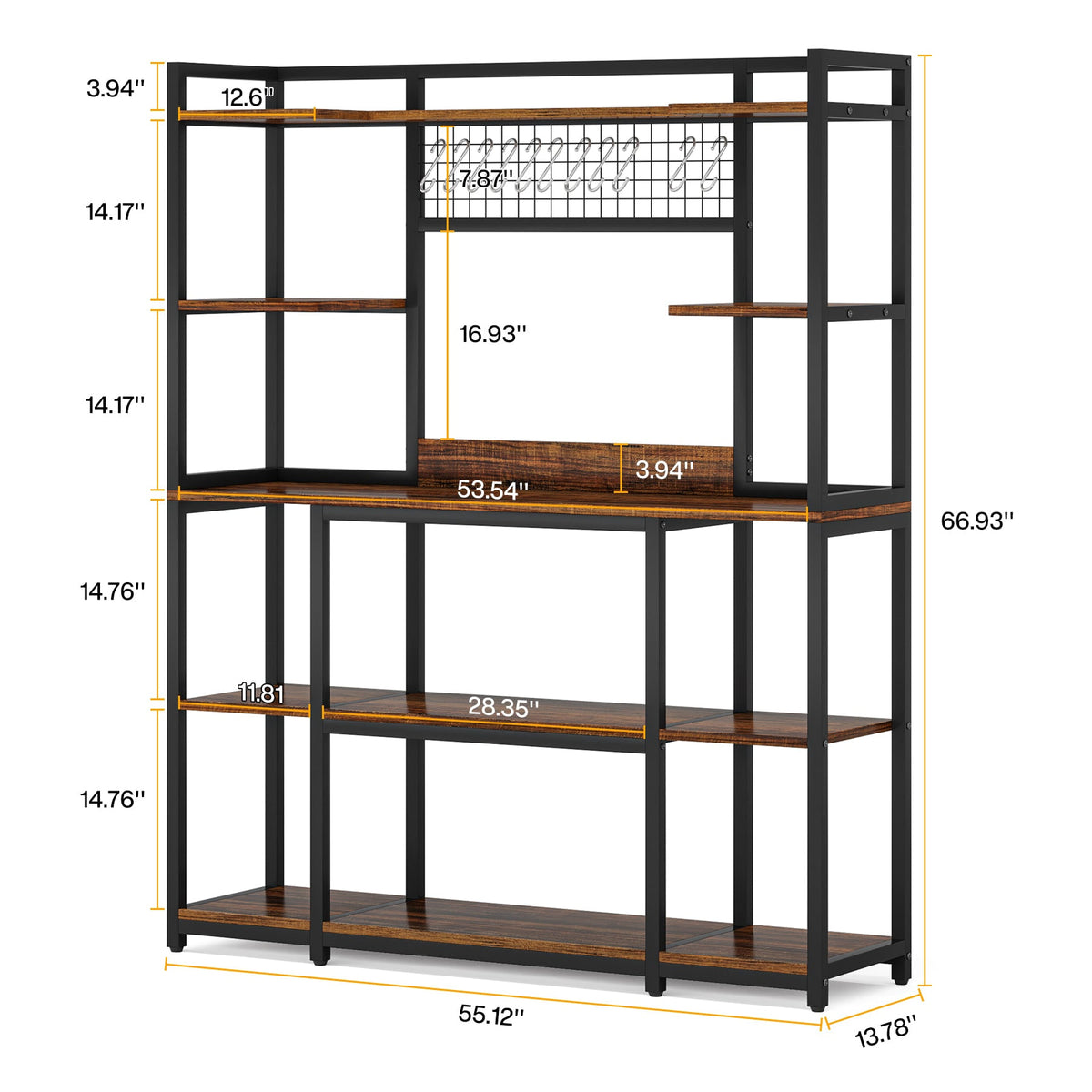 Dimension diagram showing 55.12 by 13.78 by 66.93 inches with the tier spacing and grid panel