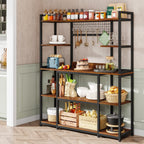 The rack in a white kitchen with a toaster, coffee machine and baskets across its shelves