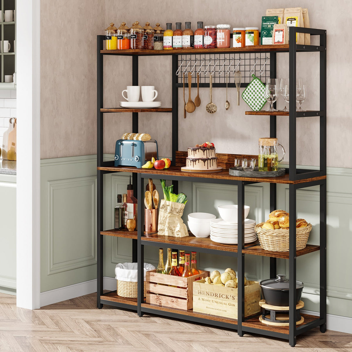 The rack in a white kitchen with a toaster, coffee machine and baskets across its shelves