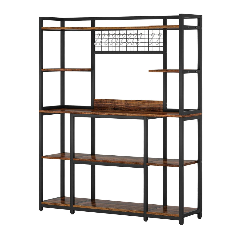 Rustic brown five tier bakers rack photographed against a plain background