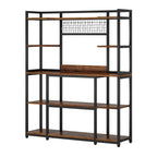 Rustic brown five tier bakers rack photographed against a plain background