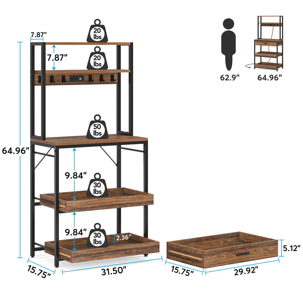 Dimension diagram: 31.5 x 15.75 x 64.96 in with shelf capacities 20, 50 and 30 lb and drawer size