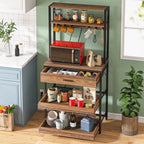 Kitchen rack with pull-out shelves extended holding jars and cans