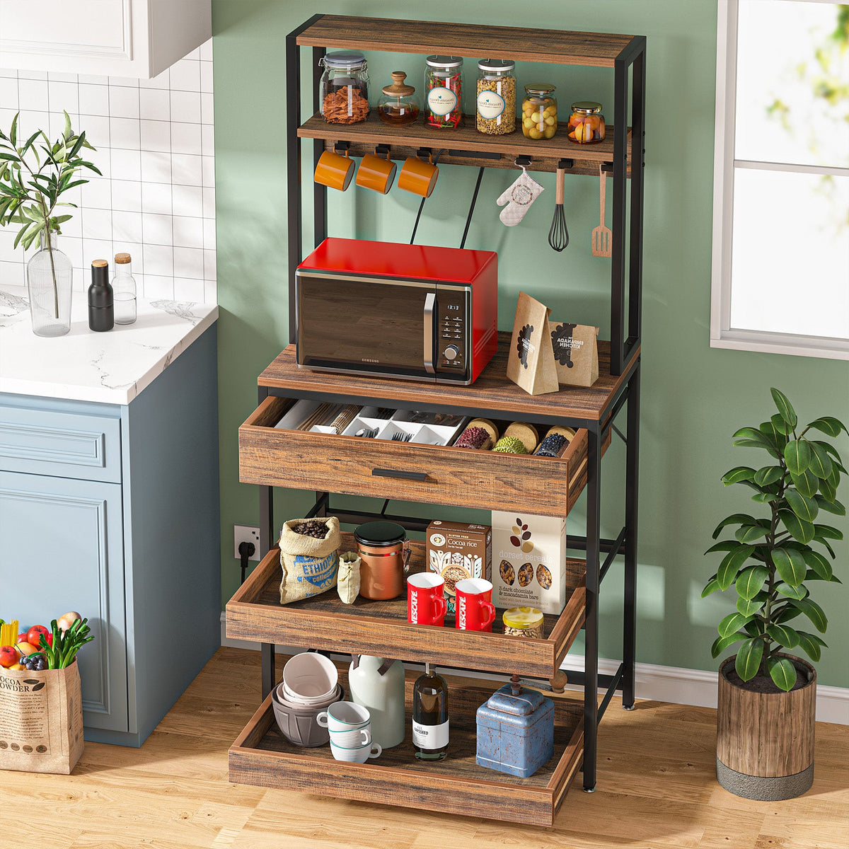 Kitchen rack with pull-out shelves extended holding jars and cans