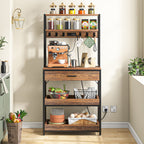 Rustic brown bakers rack styled as a pantry station with jars and produce