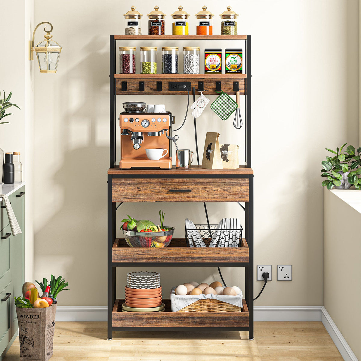 Rustic brown bakers rack styled as a pantry station with jars and produce