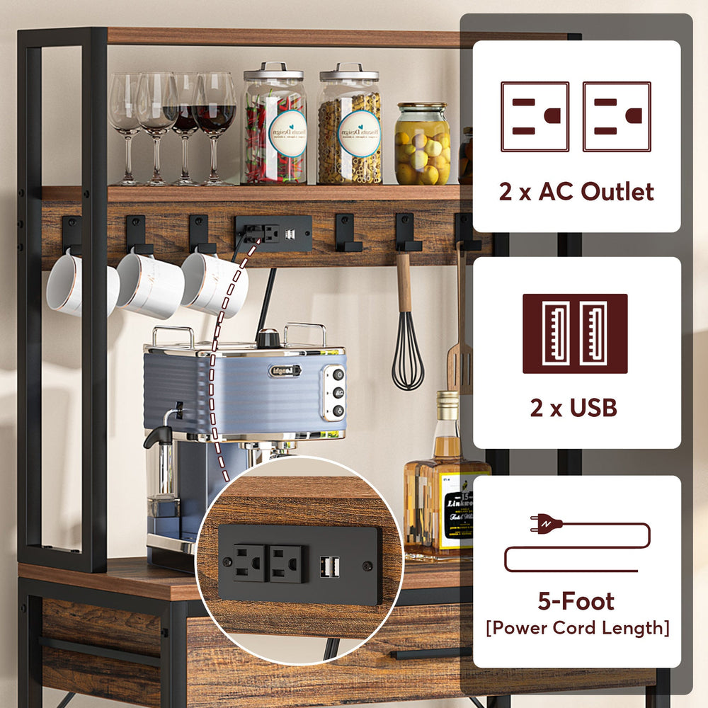 Charging station detail: 2 AC outlets, 2 USB ports and the 5 foot power cord