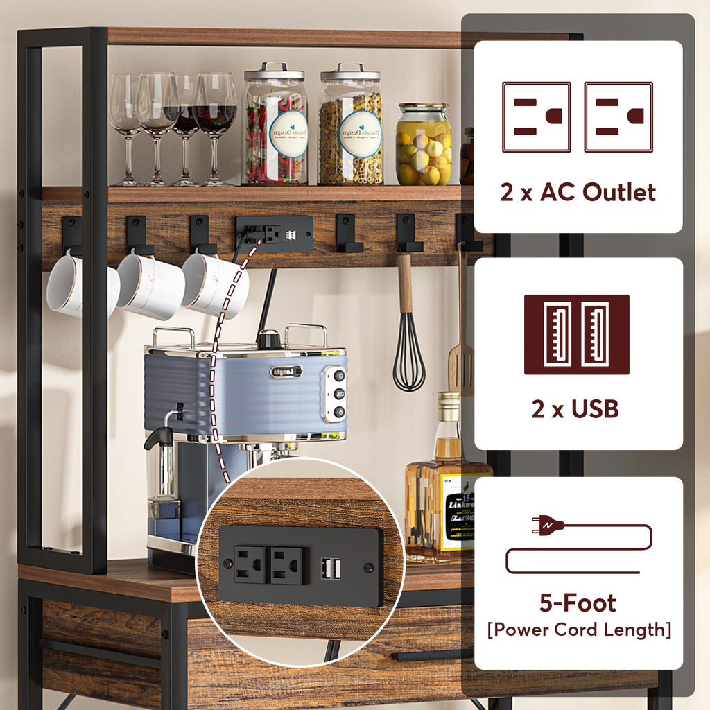 Charging station detail: 2 AC outlets, 2 USB ports and the 5 foot power cord