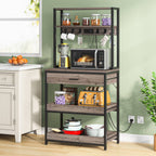 Bakers rack with microwave and dishes in a green kitchen corner