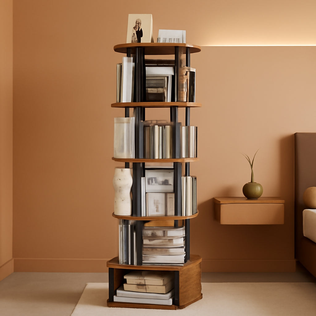 Stowena vintage brown rotating bookshelf tower filled with books in a living room
