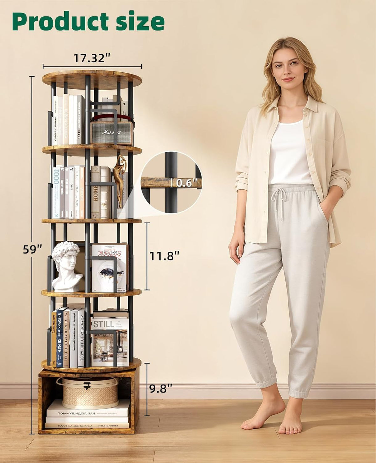 Dimension diagram: 17.32 in across, 59 in tall, 11.8 in between tiers, 9.8 in base cabinet