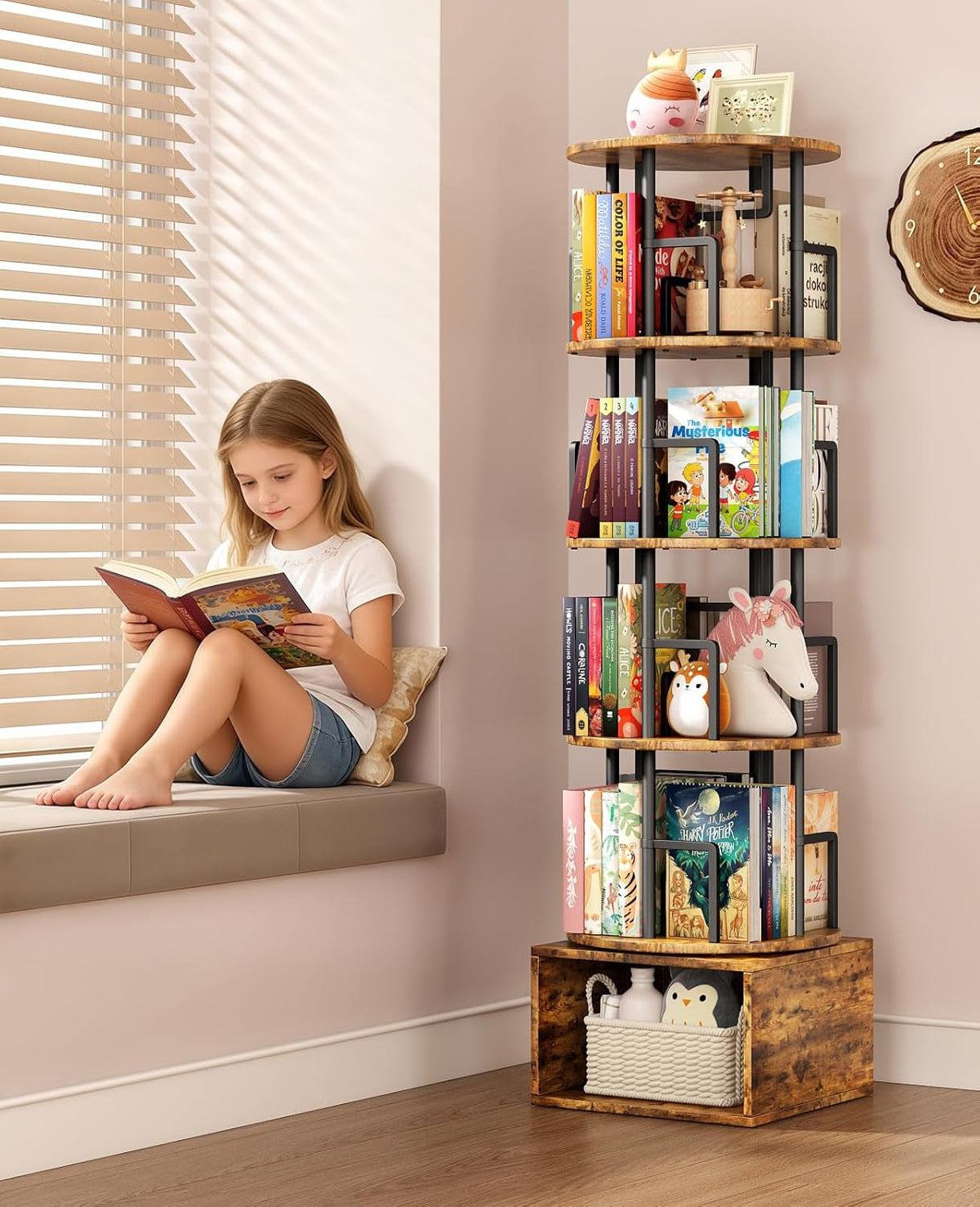 Rotating bookshelf beside a window seat holding books and keepsakes
