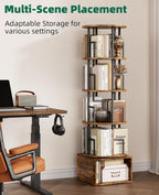Spinning bookshelf tower beside a desk in a home office