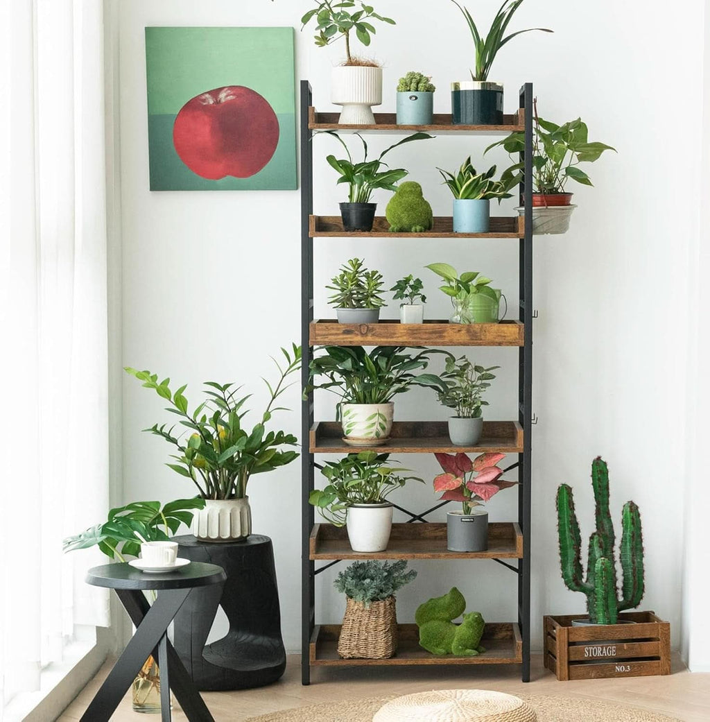 Rustic brown and black 6 tier industrial bookshelf 23.6 x 11.8 x 70.1 in against a white wall, six open shelves holding potted plants