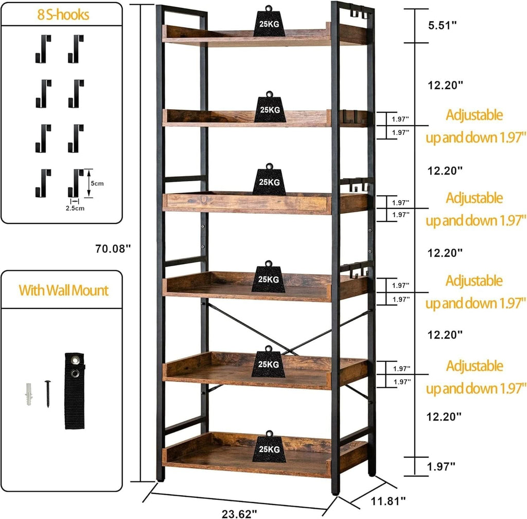 Dimension diagram: bookshelf 23.62 in wide, 11.81 in deep and 70.08 in high, shelves 12.20 in apart, middle shelves adjustable up and down 1.97 in, 25 kg per shelf, 8 S hooks and a wall mount