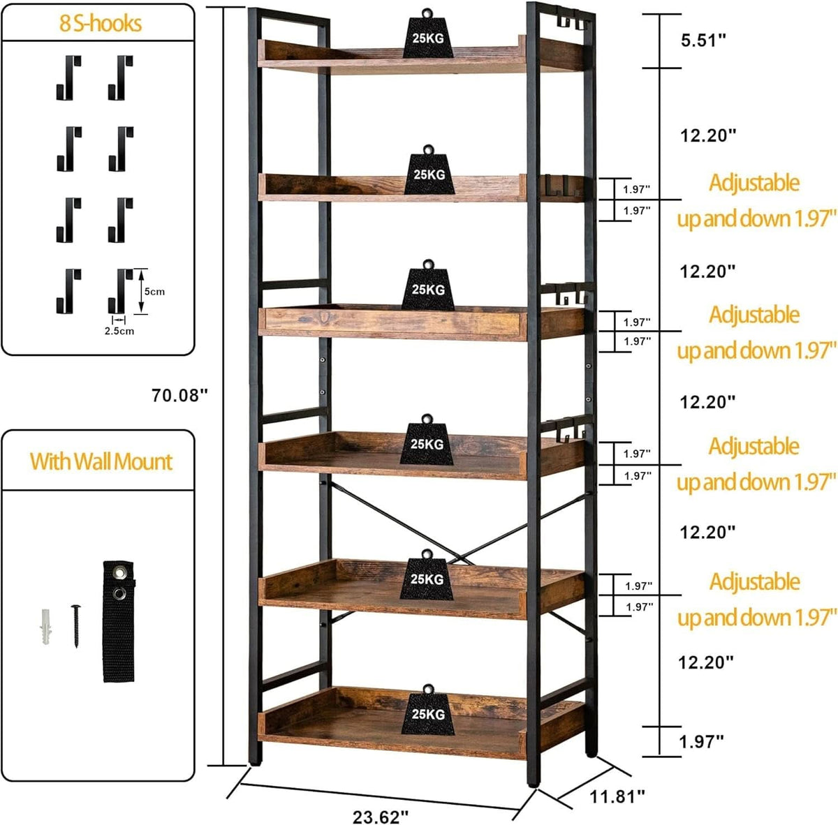 Dimension diagram: bookshelf 23.62 in wide, 11.81 in deep and 70.08 in high, shelves 12.20 in apart, middle shelves adjustable up and down 1.97 in, 25 kg per shelf, 8 S hooks and a wall mount